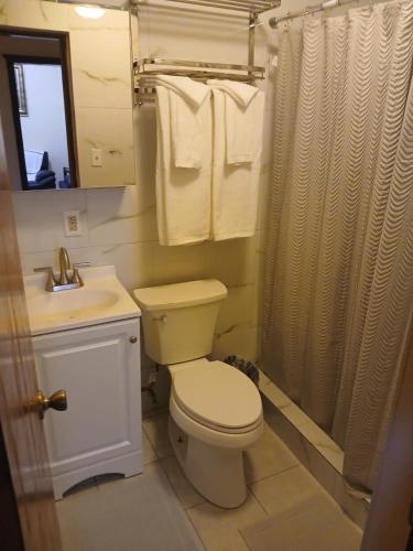 a bathroom with a toilet and a sink and a shower at Yellow Leaf Suite in West End