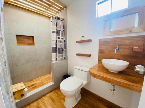 a bathroom with a toilet and a sink and a shower at Sosa Andina House in Huaraz