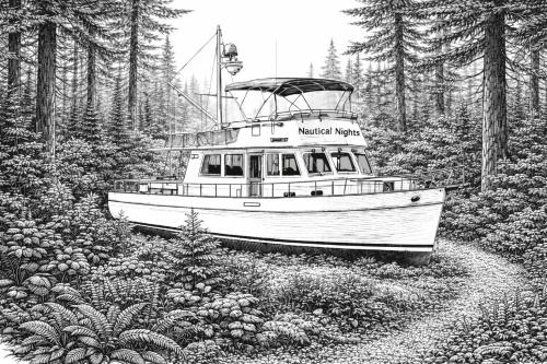 a black and white photo of a boat in the woods at Sometimes Creek Cabins in Seward