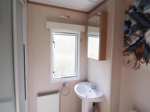 a bathroom with a sink and a window at Cozy chalet with a view over the fields in Drachten