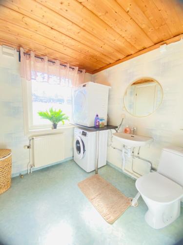 a bathroom with a toilet a sink and a mirror at Spacious House for Families & Workers in Skelleftehamn