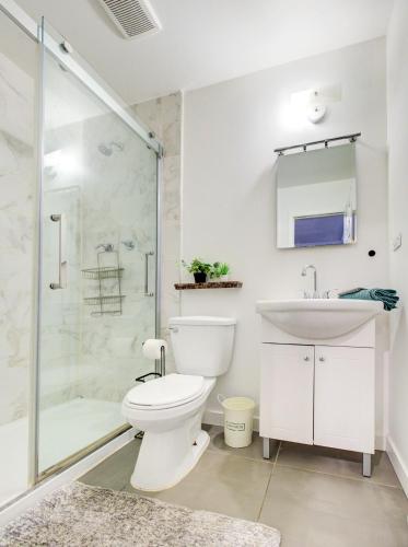 ein Badezimmer mit Toilette, Waschbecken und Dusche in der Unterkunft Griffintown Hideout in Montreal