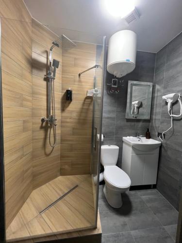 a bathroom with a shower and a toilet and a sink at Hotel Menchul in Rakhiv