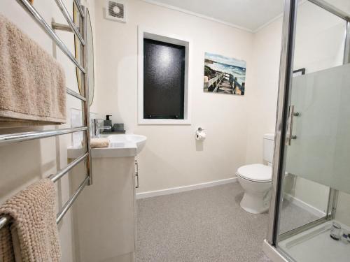 a bathroom with a toilet and a sink at 2-bedroom harbour view apartment with parking, 8 mins to Dunedin in Dunedin
