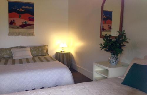 a bedroom with two beds and a table with a lamp at Kumara Historic Cottages in Kumara