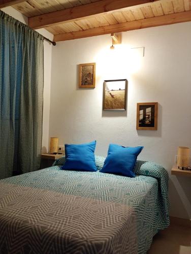 a bedroom with a bed with blue pillows at Alojamiento Rural Los Jarritos in Galaroza
