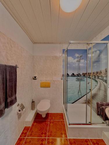 a bathroom with a shower and a toilet in it at Pension Dang in Norddeich