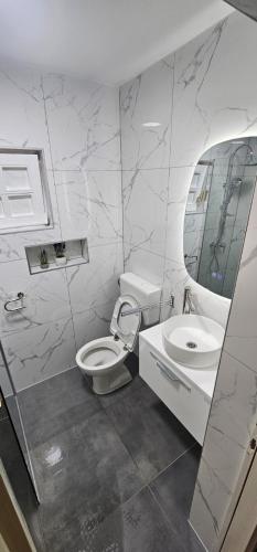 a bathroom with a toilet and a sink and a mirror at Apartments Vesna in Pag