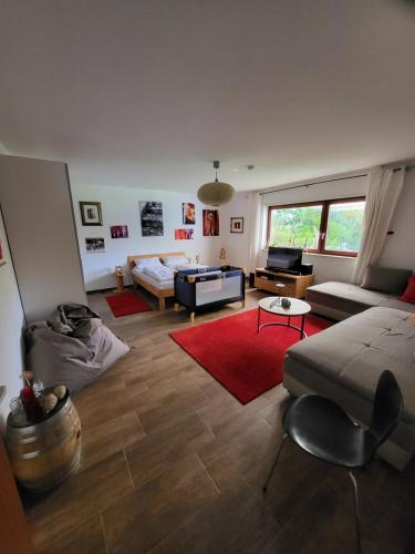 a living room with a couch and a table at Apartment An der Weinstraße in Oberotterbach