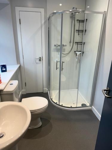 a bathroom with a shower and a toilet and a sink at St Andrew's Lettings in Peterhead
