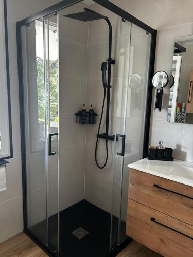a bathroom with a shower and a sink at Chambre d'hôtes de la Riaille 400 m de la dolce via in Le Cheylard