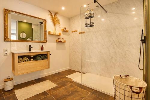 a bathroom with a shower and a sink and a mirror at L'Ecrin des Monts in Bailleul