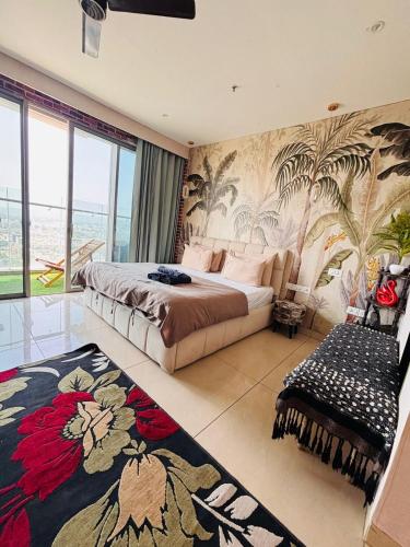 a bedroom with a large bed and a large window at Nature Escape Jacuzzi Apartment in Gurgaon