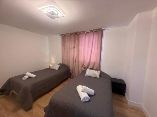 two beds in a small room with pink curtains at Escale à Villeneuve in Villeneuve-sur-Yonne