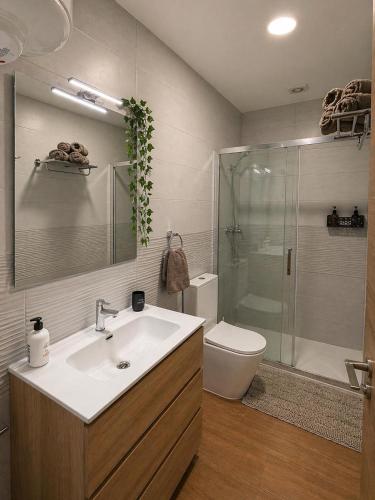 a bathroom with a sink and a shower and a toilet at Costacabana Sea Apartment in Almería