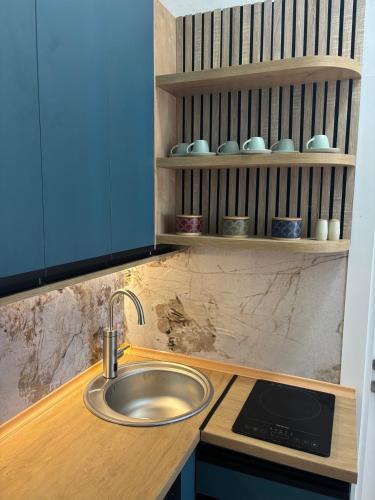 a kitchen with a sink and a counter with blue cabinets at Puro Center in Ohrid