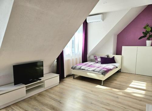 a living room with a bed and a television at Pension Bunz in Kelsterbach
