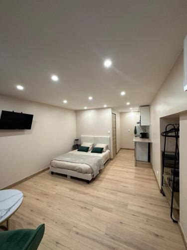 a bedroom with a bed and a tv on the wall at Studio design in Beaune