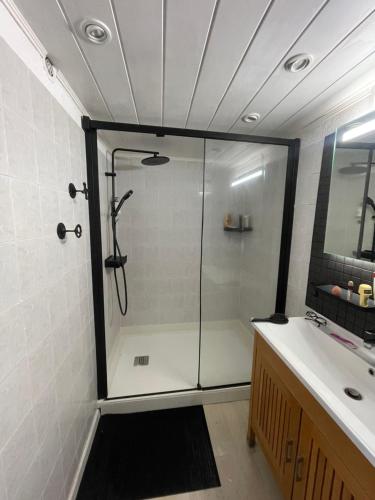 a bathroom with a shower with a glass door at Charmante Maison Vue mer Panoramique à Coti-Chiavari in Coti-Chiavari