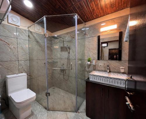 a bathroom with a shower and a toilet and a sink at Valley Roots Homestay in Ziro