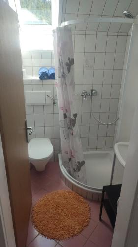 a bathroom with a toilet and a shower curtain at Haus Jörgbauerngut in Spielberg