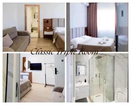 a collage of three pictures of a hotel room at Shkoder City Center Rooms & Apartments in Shkodër