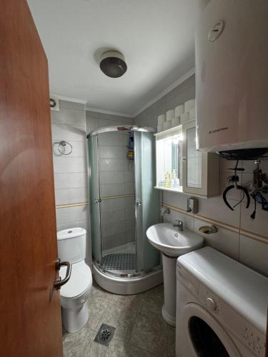 a bathroom with a shower and a toilet and a sink at Apartman Tafra1 in Igalo