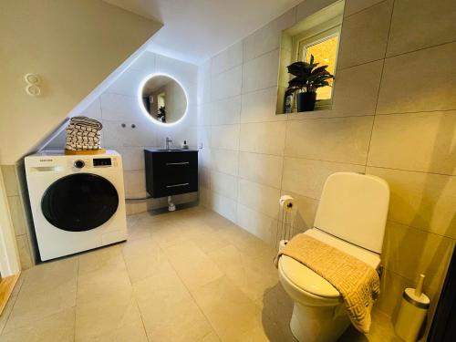 a bathroom with a washing machine and a toilet at 2 Modern guesthouses near The Beach in Falkenberg