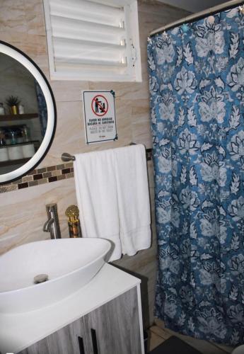 a bathroom with a sink and a mirror and a shower at Eden's Garden in Isabela