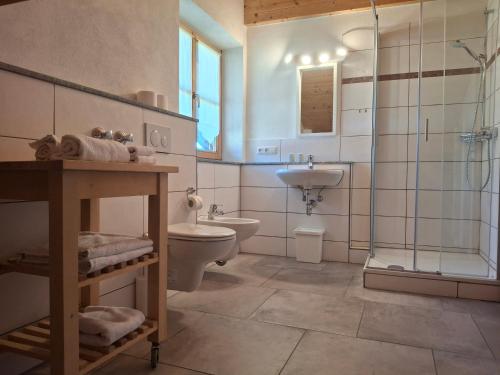 a bathroom with a toilet and a sink and a shower at Haus Rosamirl Ferienwohnung in Wallgau