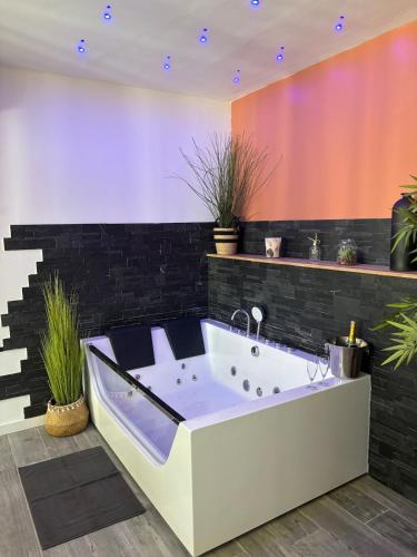 a bath tub in a room with plants at Spacieux spa et sauna in Bourges