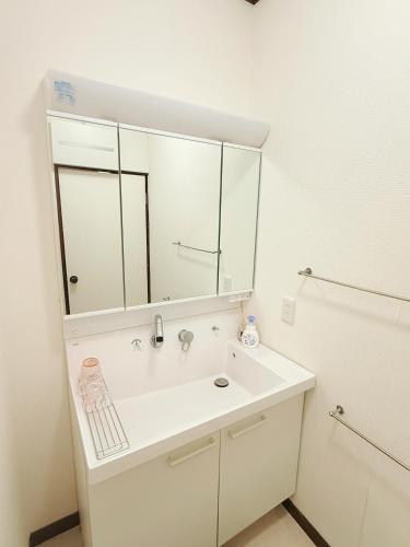 a bathroom with a white sink and a mirror at aiki home in Tokyo