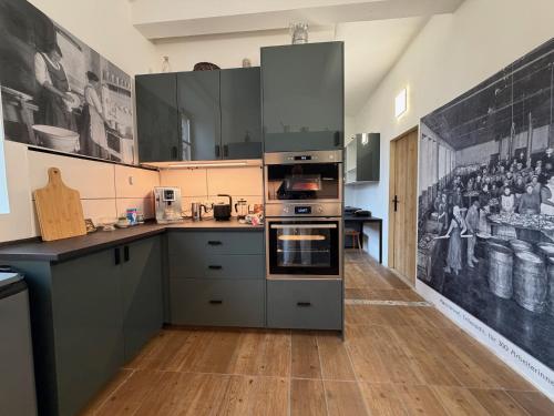 a kitchen with stainless steel appliances and a painting on the wall at Krušnohorský Poutník in Kovářská