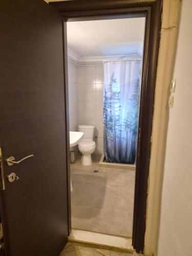a bathroom with a toilet and a door with a window at Lidden tree cottage in Perea