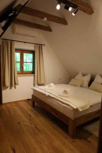 a bedroom with a large bed in a attic at Der Distelfalter in Oberhaag