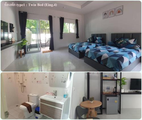 two pictures of a bedroom with a bed and a bathroom at ทุ่งจับช้างโฮมสเตย์ in Pumriang