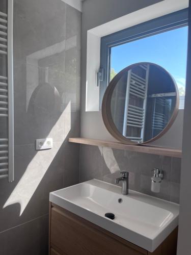 a bathroom with a sink and a mirror and a window at Secret garden 3 in Mellehoek