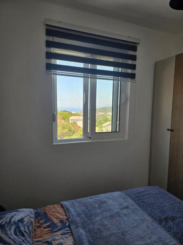 a bedroom with a window with a bed and a blue blanket at Brita Apartman in Utjeha