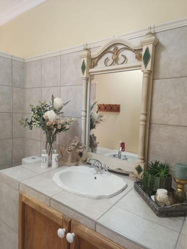 a bathroom with a sink and a large mirror at Villa Solace in Gordonʼs Bay