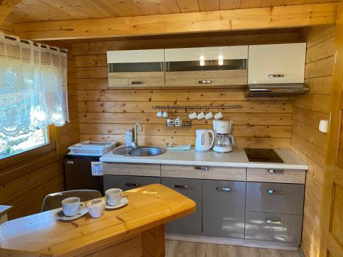 a kitchen with a sink and a counter in a cabin at Domek pod Świerkiem in Wapnica