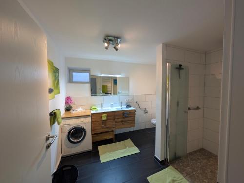 a bathroom with a sink and a washing machine at Ferienwohnung 's Stüble in Schönwald