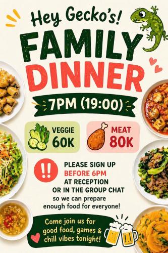 a flyer for a family dinner with different dishes at Gecko Backpackers Hostel in Ninh Binh