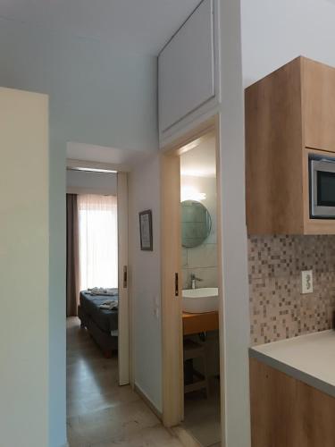 a kitchen and a living room with a sink at Argo Apartments in Kato Daratso