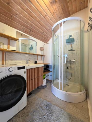a bathroom with a shower and a washing machine at Cosy Hideaway Guest House in Dovilai