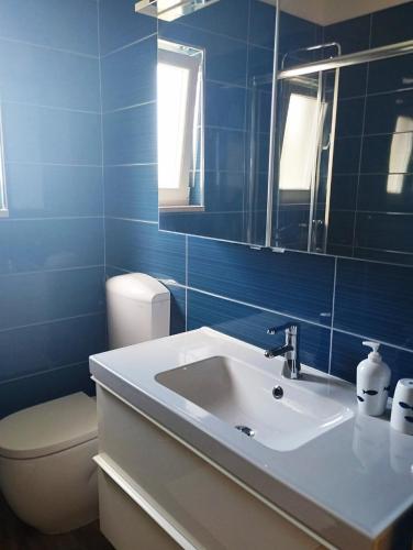 a blue bathroom with a sink and a toilet at Apartman Goga i Dragan in Drage