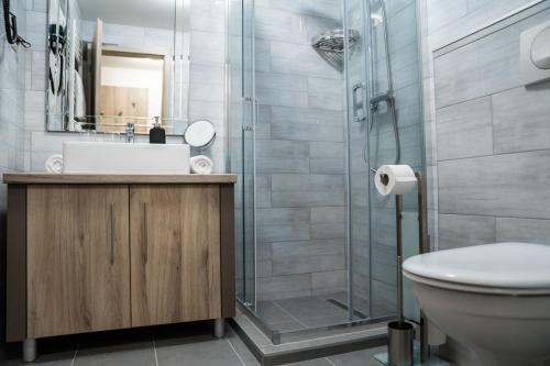 a bathroom with a shower and a toilet and a sink at Rengő Panzió in Taksony