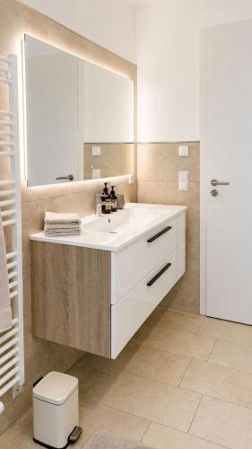 a bathroom with a white sink and a mirror at Bodensee Loft in Daisendorf
