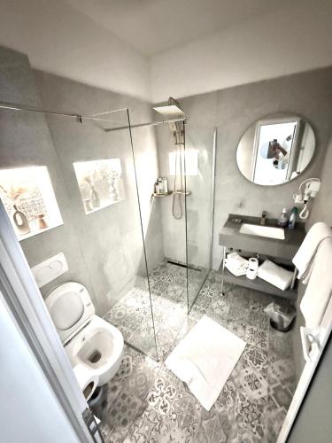 a bathroom with a shower and a toilet and a sink at Biosphere Lux Apartments in Sarajevo