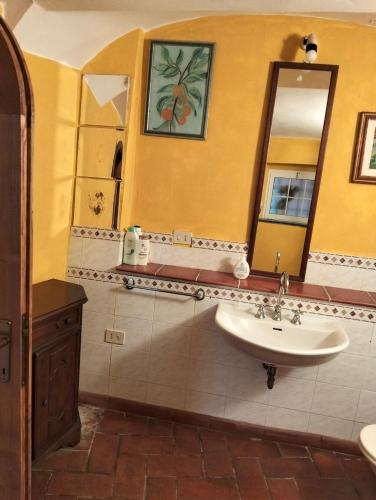 a bathroom with a sink and a mirror at Appartamento Gelsomino in Montale