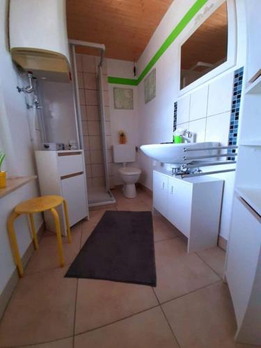 a bathroom with a sink and a toilet at Ferienhaus Abendrot in Basedow